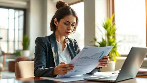 Businesswoman analyzing self-employment tax deduction documents.