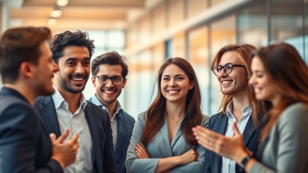 Professionals demonstrating nonverbal communication skills in an office setting.