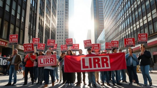 People holding LIRR strike signs in urban street.