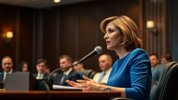 Confident woman in blue speaking about ban gambling ads targeted at minors in meeting