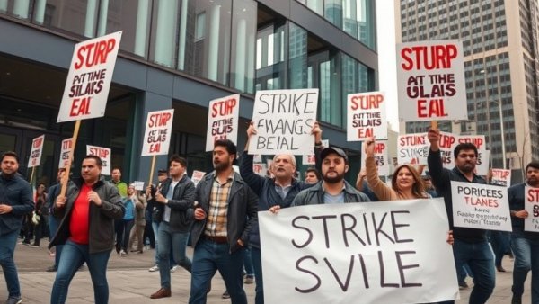 Protesters during Long Island Rail Road strike outside building.