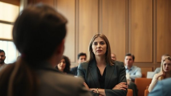 Focused professional woman discussing policy in a formal meeting room