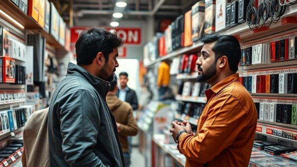 Indoor market shop with shopkeeper and customer discussing items for UK companies linked to payments for small-boat crossings.