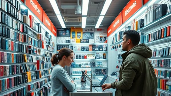 Busy electronics shop, people conversing at counter, UK companies.