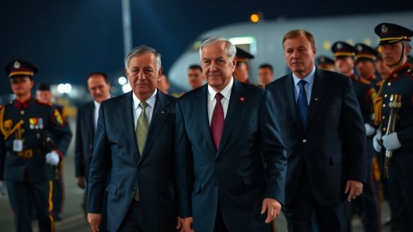 Diplomatic officials discuss China-Russia gas project at nighttime arrival