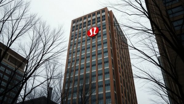 Lululemon logo on urban building amidst trees, overcast sky.