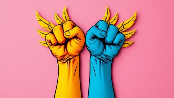 Colorful illustrated fists with wings symbolizing local activism