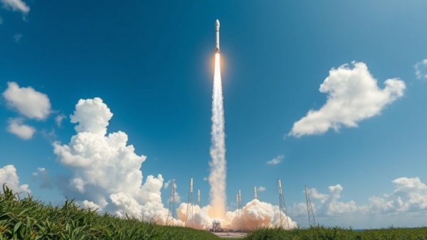 Rocket launch illustrating SpaceX IPO implications against a blue sky.