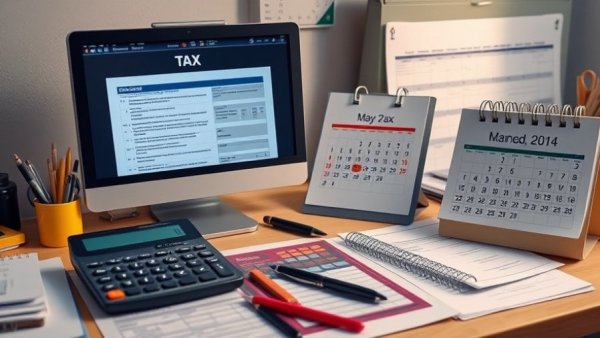 Organized tax preparation scene with computer and calendar for key filing dates.