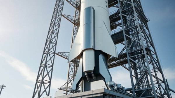 SpaceX Starship on launch pad during launch delay, clear sky backdrop.