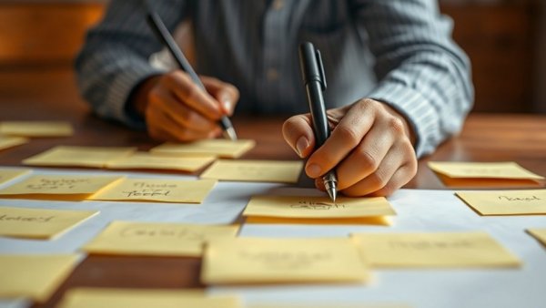 Person brainstorming municipal climate action solutions with sticky notes.