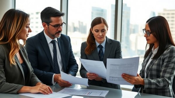Corporate team reviewing tax documents in modern office.