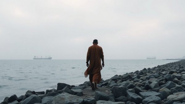 Person walking on rocky shore with tanker ships in background, oil flow from the Gulf
