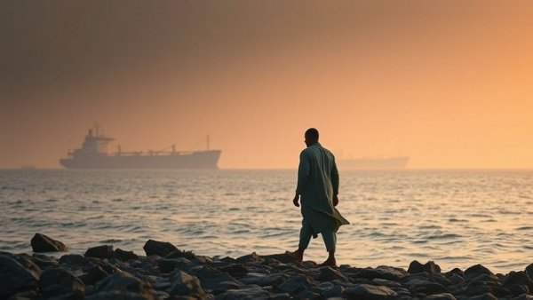 Solitary man near the Strait of Hormuz with oil tankers in the background.
