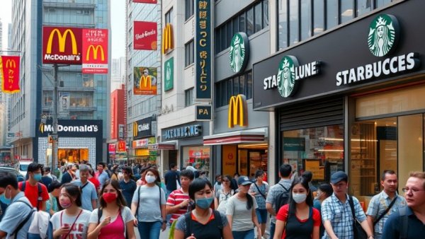 Busy commercial area with popular franchises, vibrant street scene.