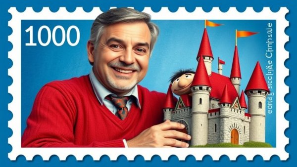 Mister Rogers stamp reissue featuring Mister Rogers and a puppet in a red sweater.