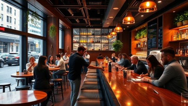 Casual pay what you will restaurant interior with a bartender at the bar.