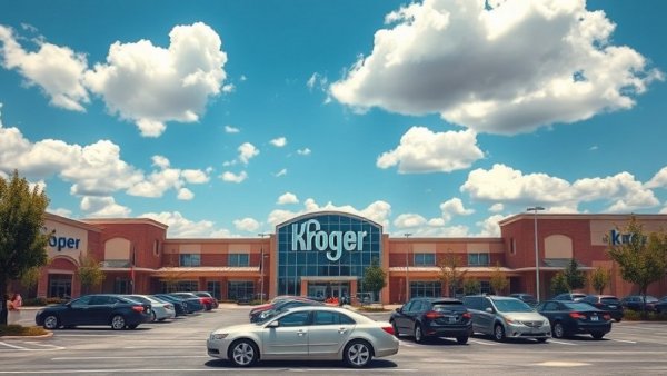 Kroger store in busy parking lot under blue sky with fluffy clouds