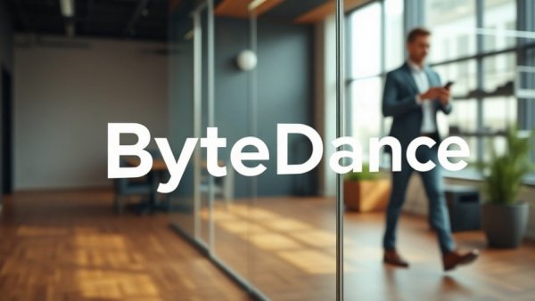 ByteDance office interior with blurred figures, highlighting logo.