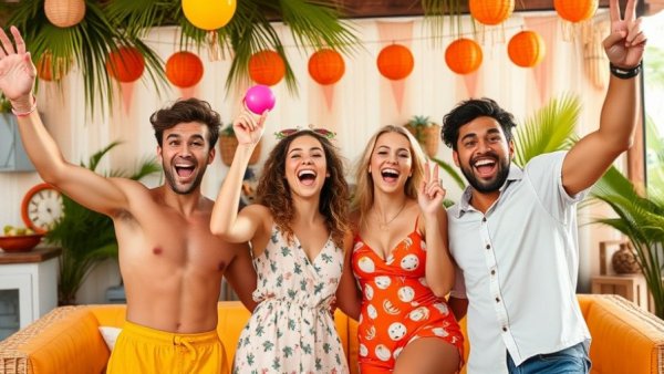Love Island contestants celebrating success in vibrant tropical setting.
