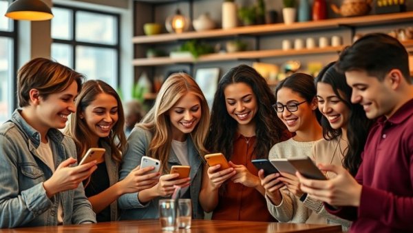 Group enjoying customer loyalty programs via smartphones in a coffee shop.