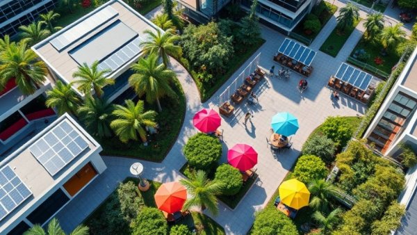 Colorful tech campus aerial view showcasing seating and solar panels, predicting insider trading markets.