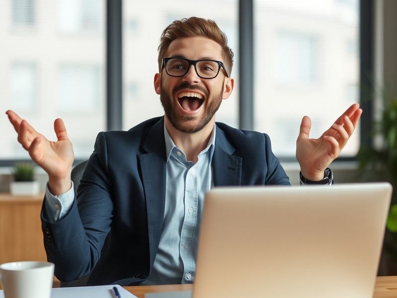 Excited business guy at a desk eagerly awaiting a webinar to start.