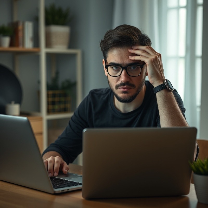 Confused and frustrated video creator at laptop, struggling with content creation.