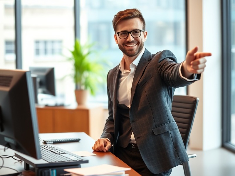 Happy business owner at desk, ready for event, pointing right.