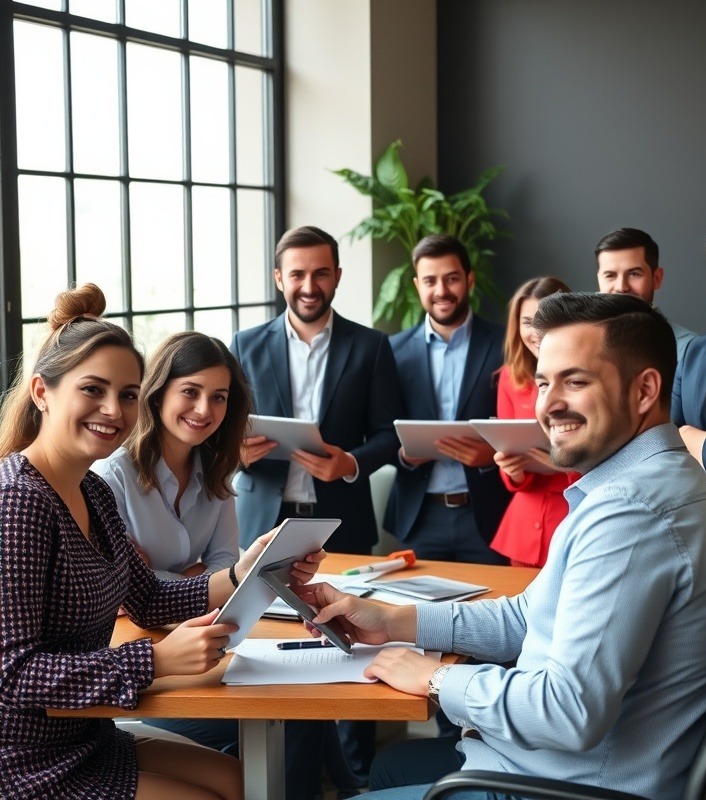 Confident business owners and marketers collaborating with tablets at desks.