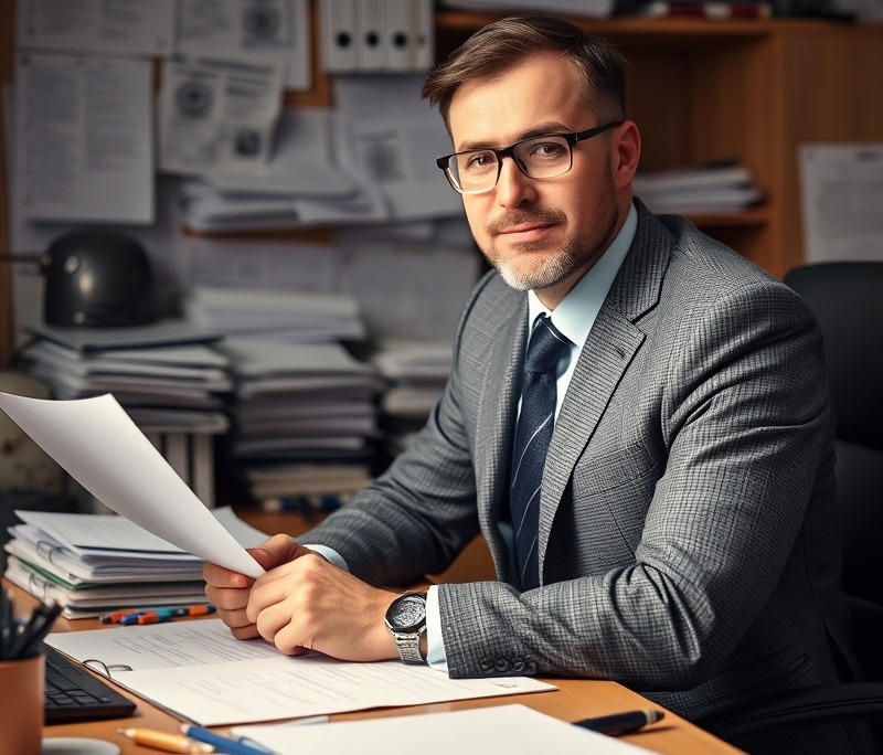 Determined business guy at a desk with files and work activities.