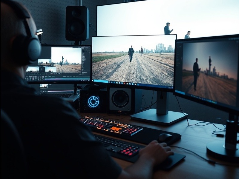 Multi-screen video editing setup showcasing professional software in use.