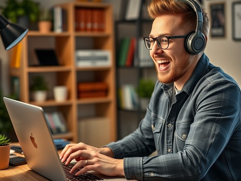 Excited marketer at laptop creating videos for digital marketing success