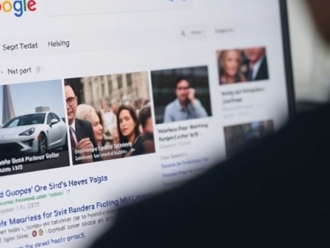 Google search page displaying news articles on a computer screen from behind a shoulder.