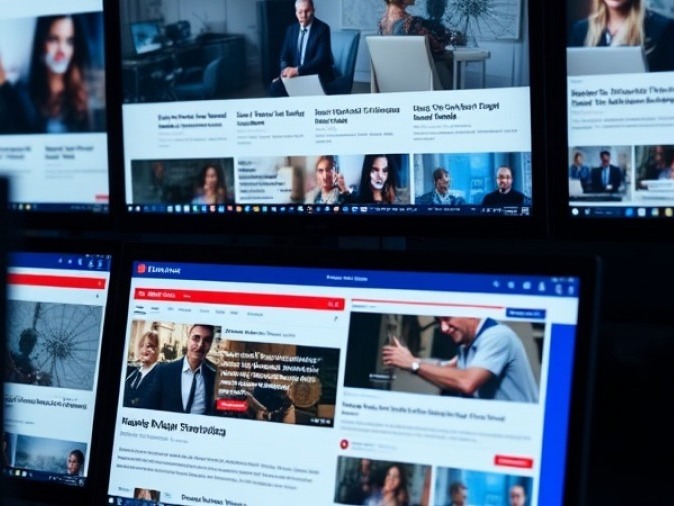 News platform article feeds displayed across multiple computer screens