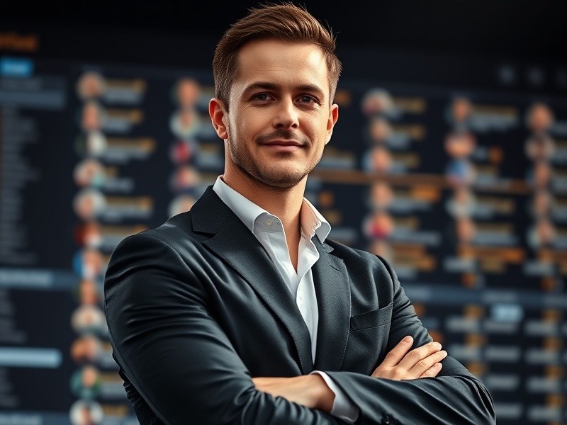 Confident business leader in spotlight with blurred social media background