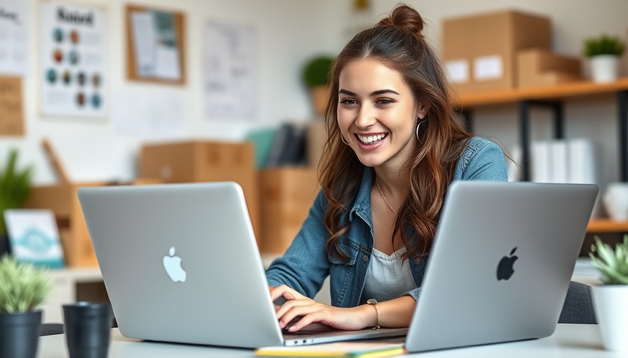Entrepreneur using marketing tools for small businesses, multitasking confidently.