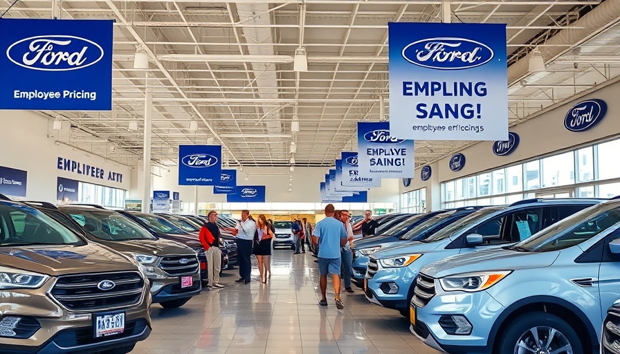 Car dealership with Ford employee pricing banners.