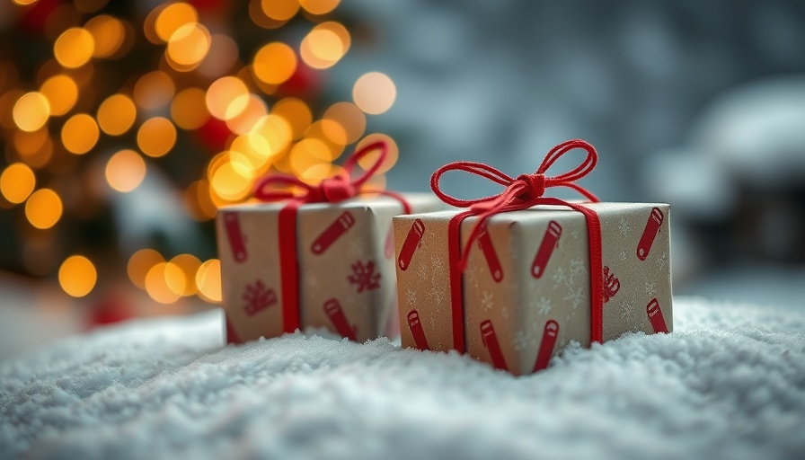 Holiday gift cards concept with wrapped presents and festive lights.