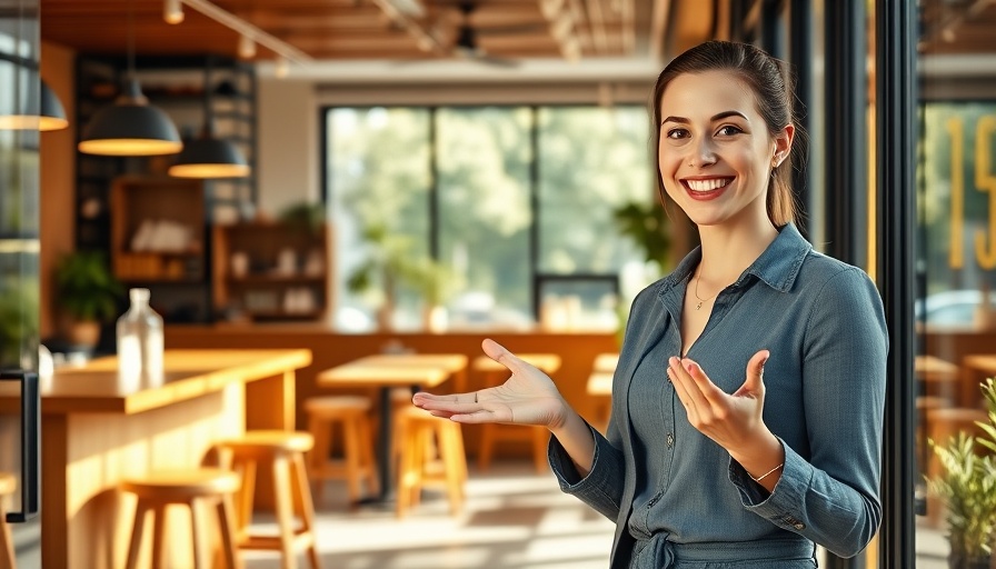 Smiling woman at café entrance, Surefire Local Marketing Platform atmosphere.