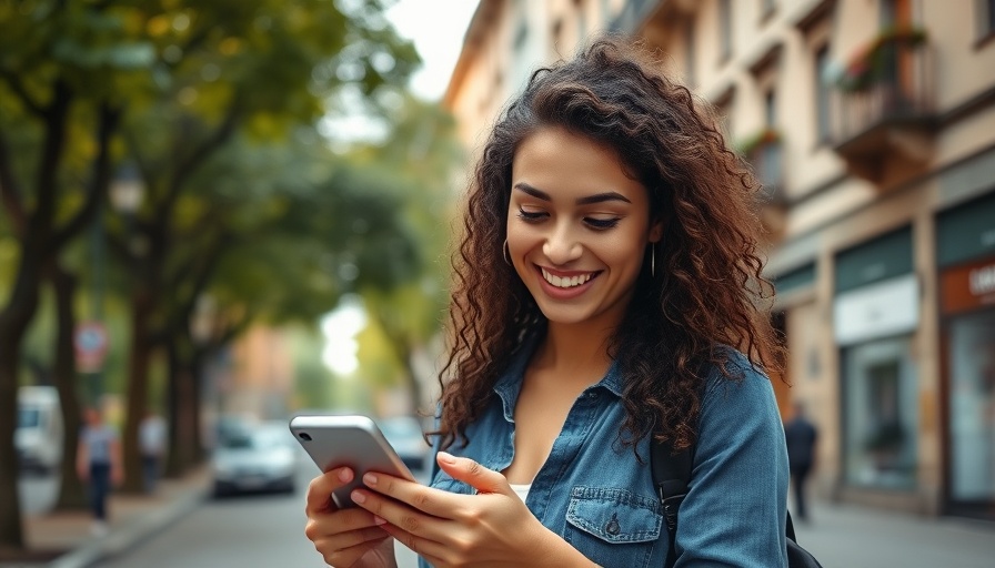 Woman using phone outdoors for social media ads for businesses.