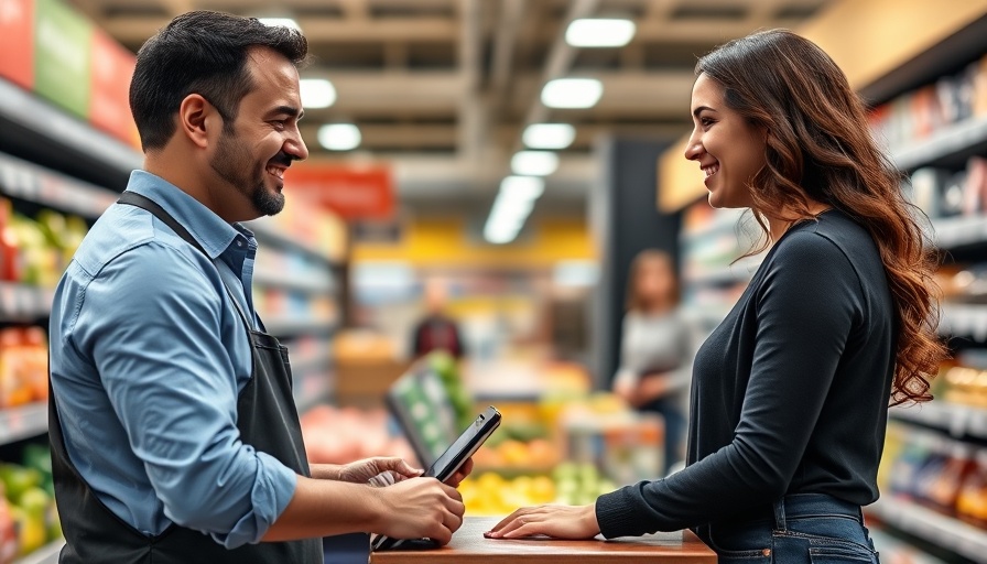 Employee engaging with a customer at grocery store checkout