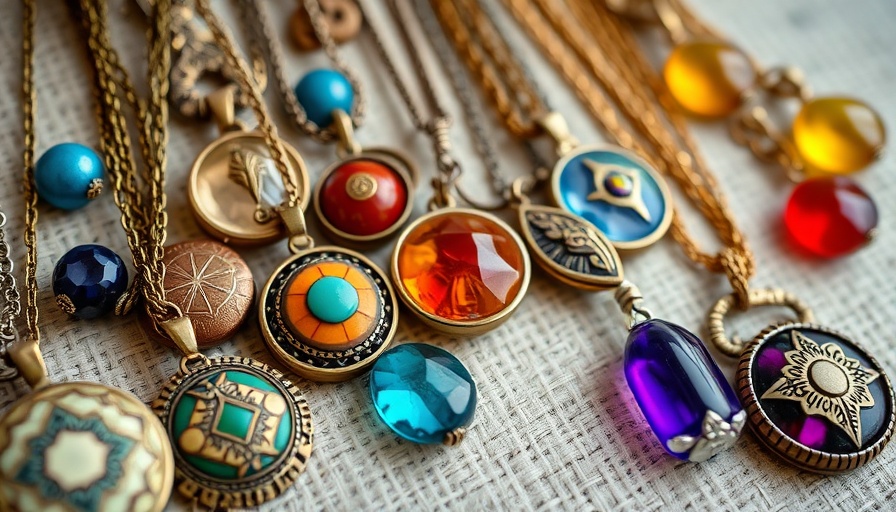 Colorful vintage necklaces displayed at a flea market, intricate designs.