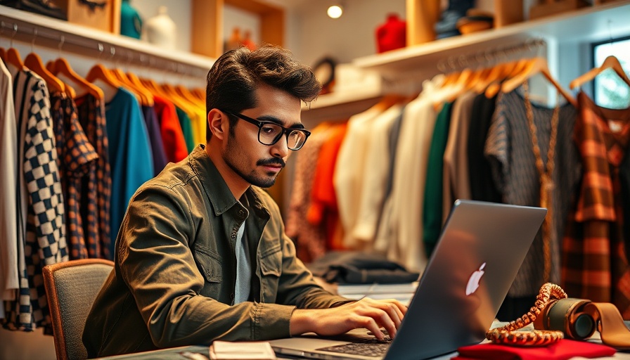 Fashionable person using laptop for eBay Valet selling solution in boutique.