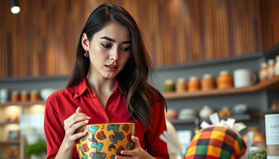 Young woman examining a bowl in a retail setting, related to post-holiday sales strategies.