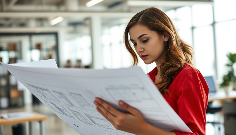 Focused young woman in red shirt analyzing blueprints at desk.