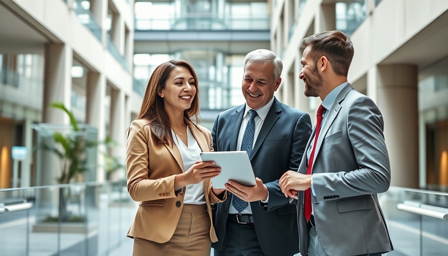 Professionals collaborating in a modern office atrium.