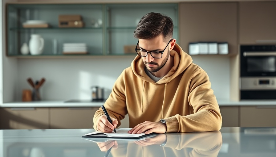 Executive in tan hoodie writing professionally at modern kitchen table.