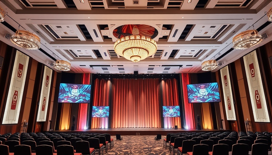 Modern conference stage setup with LED screens and chandeliers, programmatic advertising technology event.