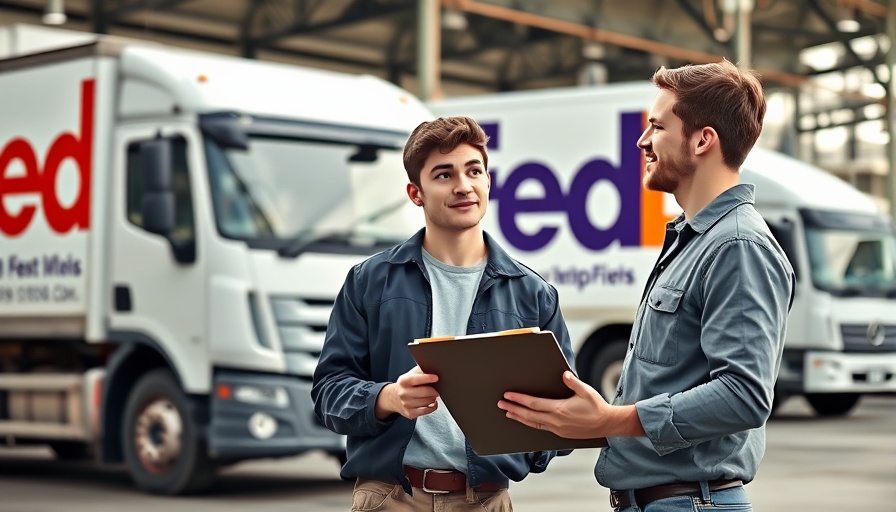 Two men negotiating FedEx route purchase in front of trucks.